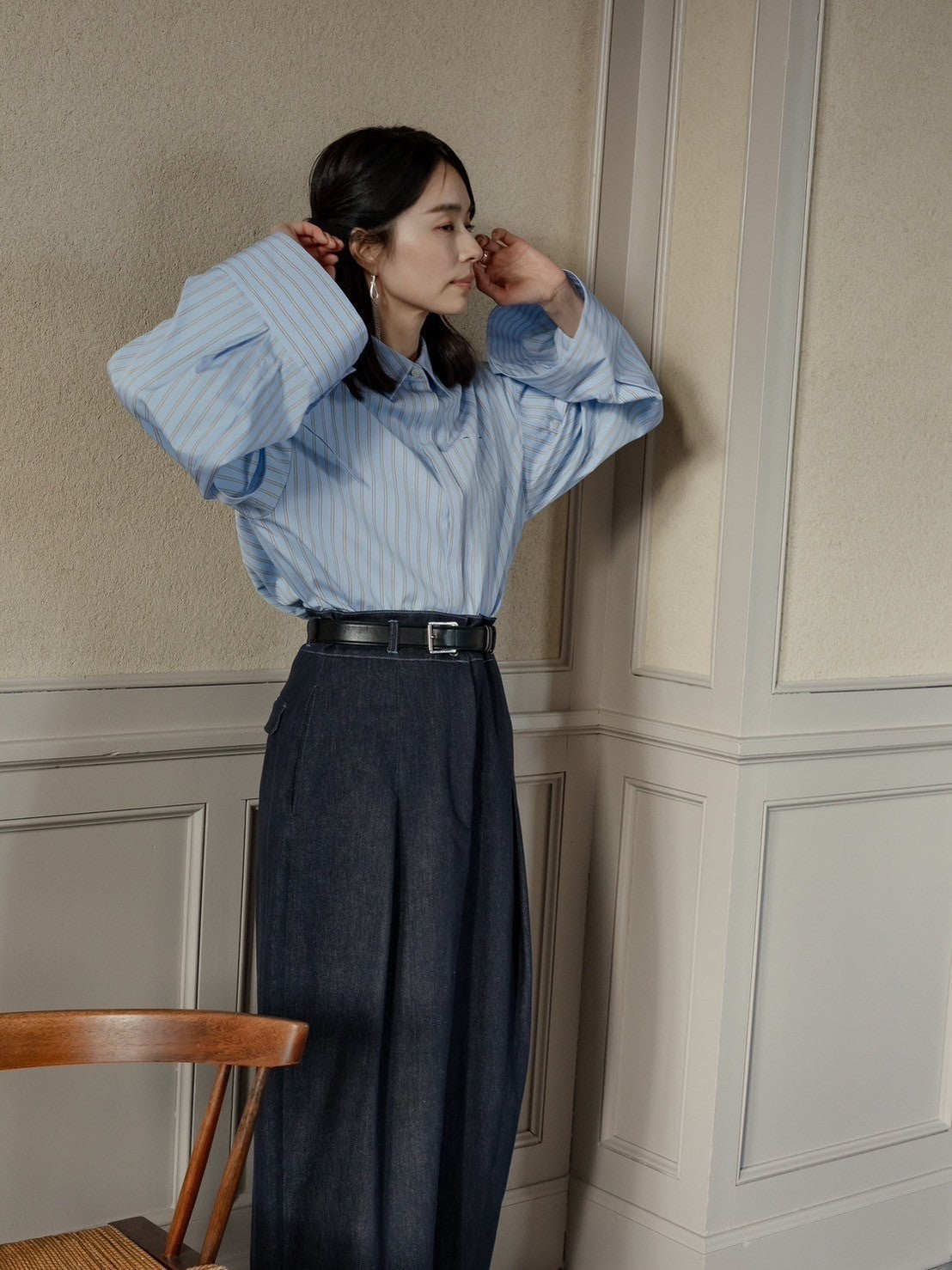 Mia / deres thomas mason 6way sleeve shirt (STRIPE/ INDIGO / CLEAR BLUE)