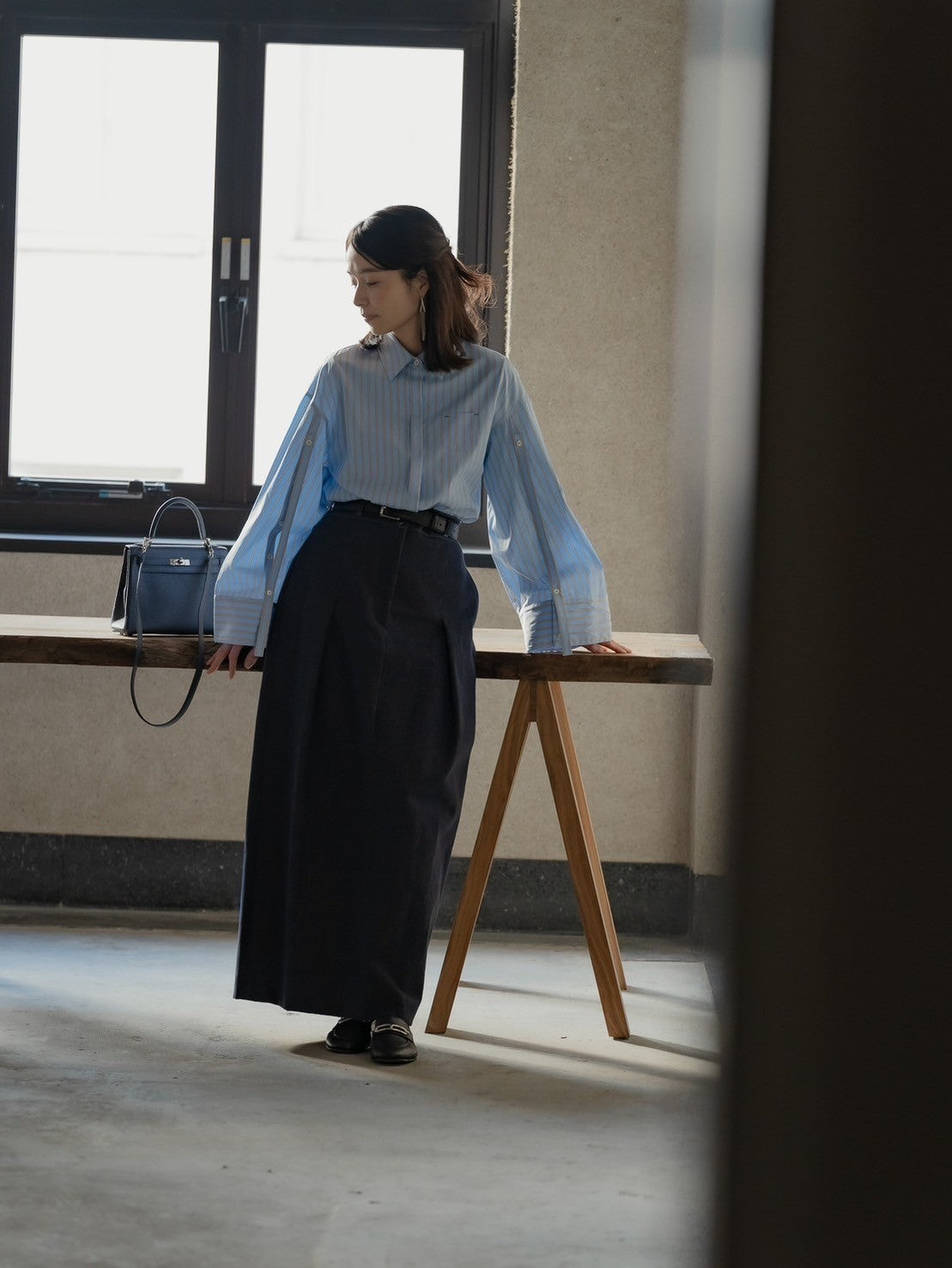 Mia / deres thomas mason 6way sleeve shirt (STRIPE/ INDIGO / CLEAR BLUE)