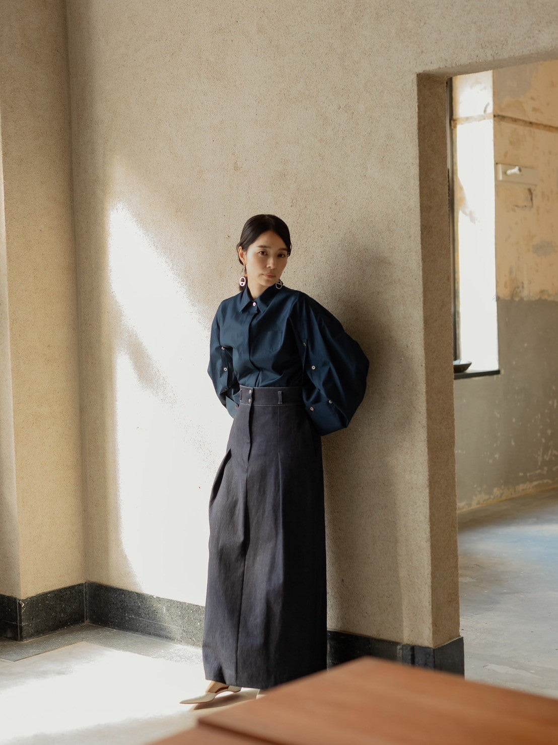 【予約販売】Mia / deres thomas mason 6way sleeve shirt (STRIPE/ INDIGO / CLEAR BLUE)