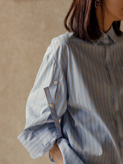 【予約販売】Mia / deres thomas mason 6way sleeve shirt  (STRIPE/ INDIGO / CLEAR BLUE)